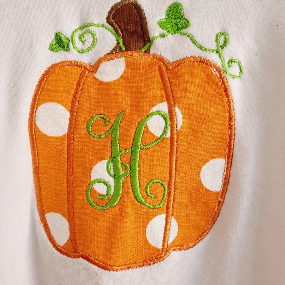 Long sleeve pumpkin tee H embroidered on front. Tags list 10 but fits 8-10